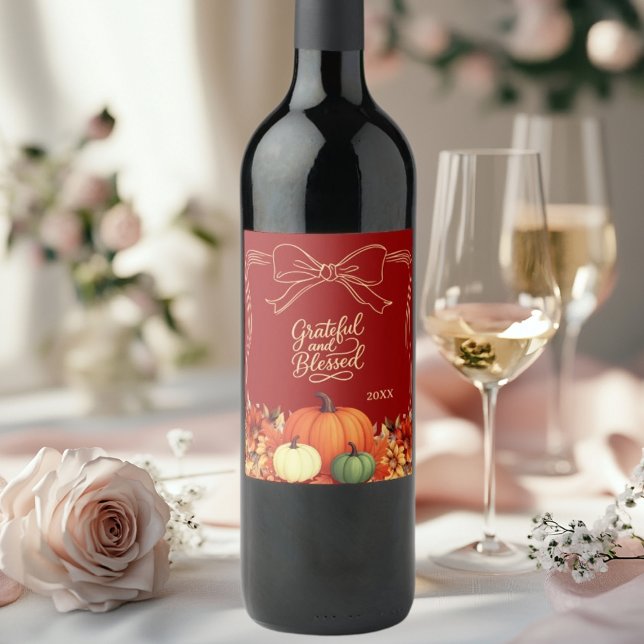 Thanksgiving pumpkin bow terracotta Grateful Wine Label (Creator Uploaded)