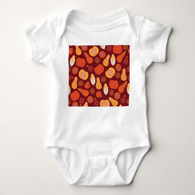 Thanksgiving Pumpkin Brown Seamless Pattern. Baby Bodysuit (Front)