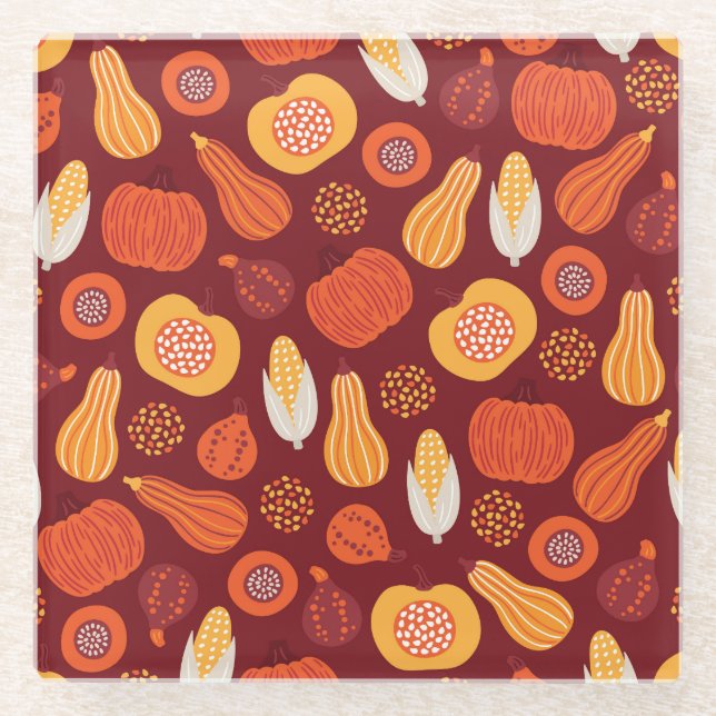 Thanksgiving Pumpkin Brown Seamless Pattern. Glass Coaster (Front)