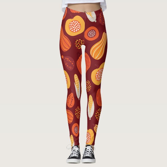 Thanksgiving Pumpkin Brown Seamless Pattern. Leggings (Front)