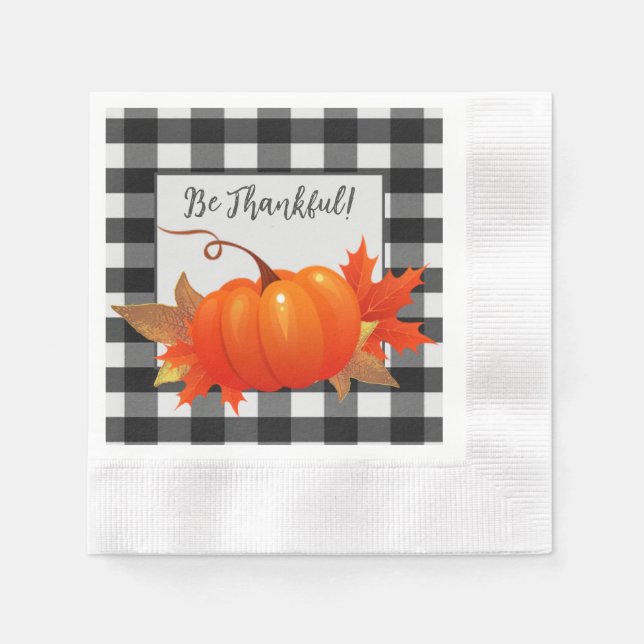 Thanksgiving Pumpkin Buffalo Plaid | Black  Napkin (Front)