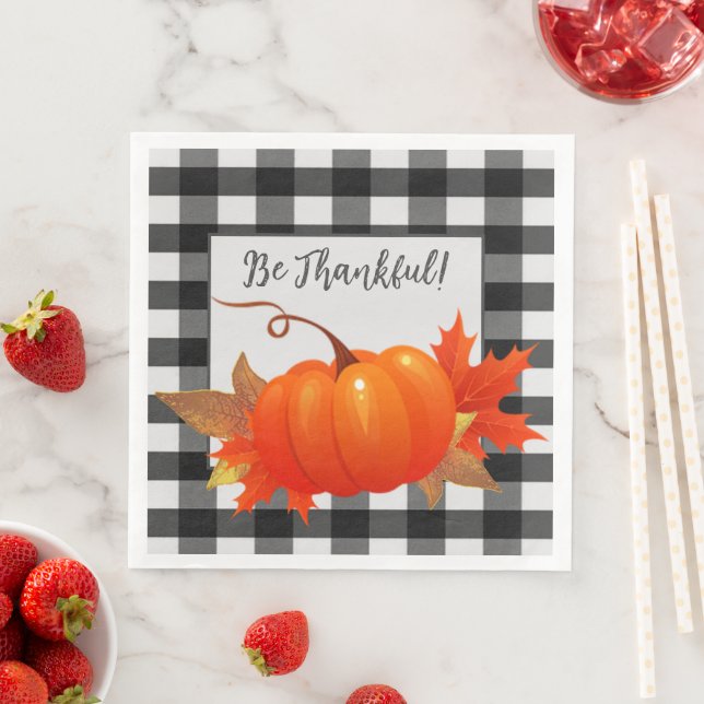 Thanksgiving Pumpkin Buffalo Plaid | Black  Napkin (Insitu)