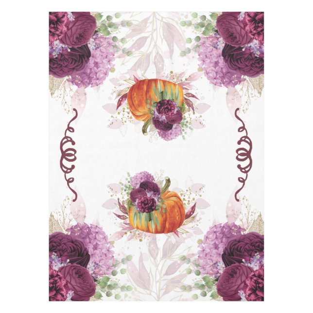Thanksgiving Pumpkin Burgundy Flowers Tablecloth (Front)