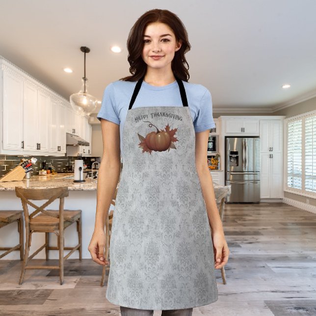Thanksgiving Pumpkin Damask | Grey Apron (Gray Thanksgiving Pumpkin Damask Apron)