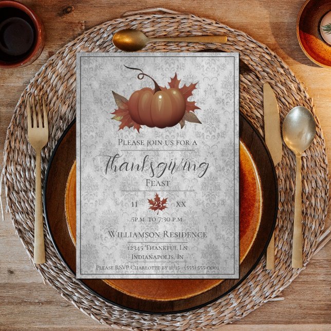 Thanksgiving Pumpkin Damask | Grey Dinner Invitation (Thanksgiving Pumpkin Damask Dinner Invite - Gray)