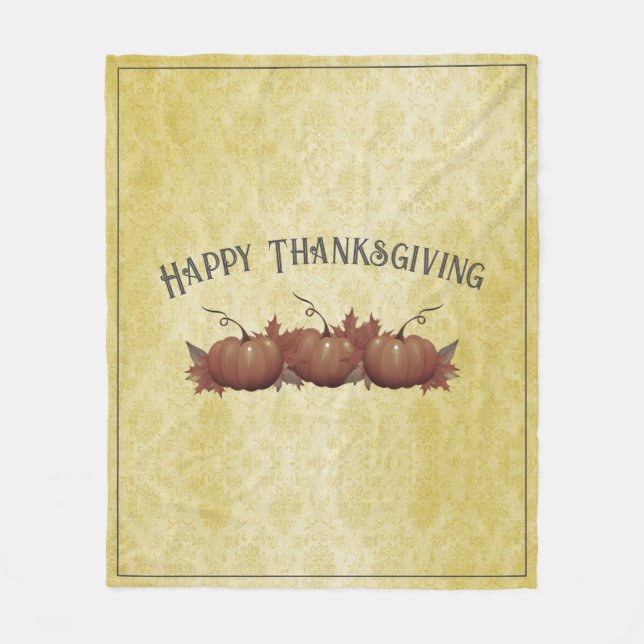 Thanksgiving Pumpkin Damask | Yellow Fleece Blanket (Front)