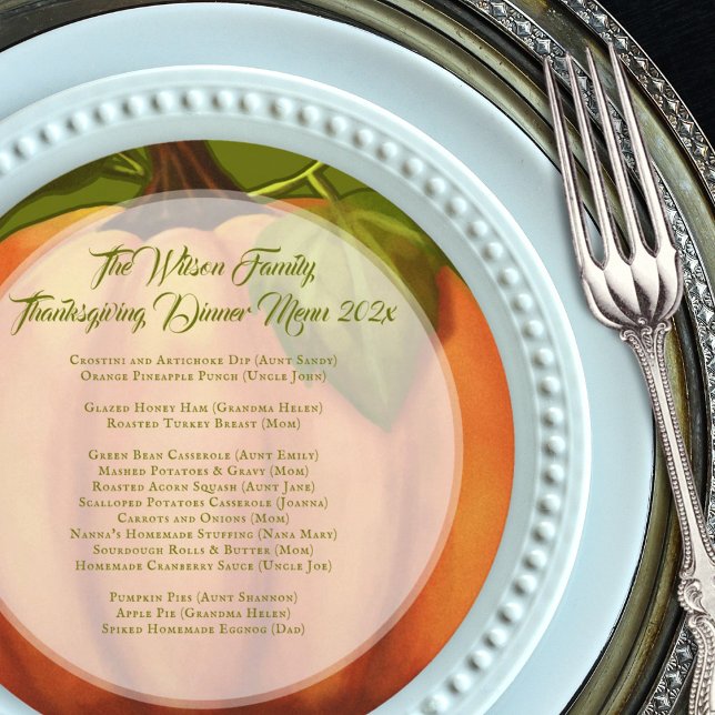 Thanksgiving Pumpkin Family Dinner Round Menu Invitation (Creator Uploaded)