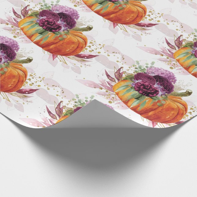 Thanksgiving Pumpkin Floral Burgundy details Wrapping Paper (Corner)