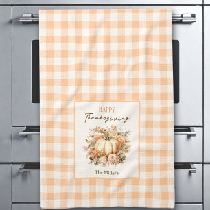Thanksgiving Pumpkin Gingham Pastel Orange Name Tea Towel