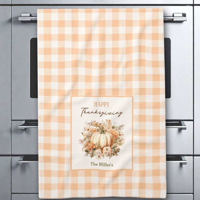 Thanksgiving Pumpkin Gingham Pastel Orange Name Tea Towel (Thanksgiving Pumpkin Gingham Pastel Orange Name Kitchen Towel)