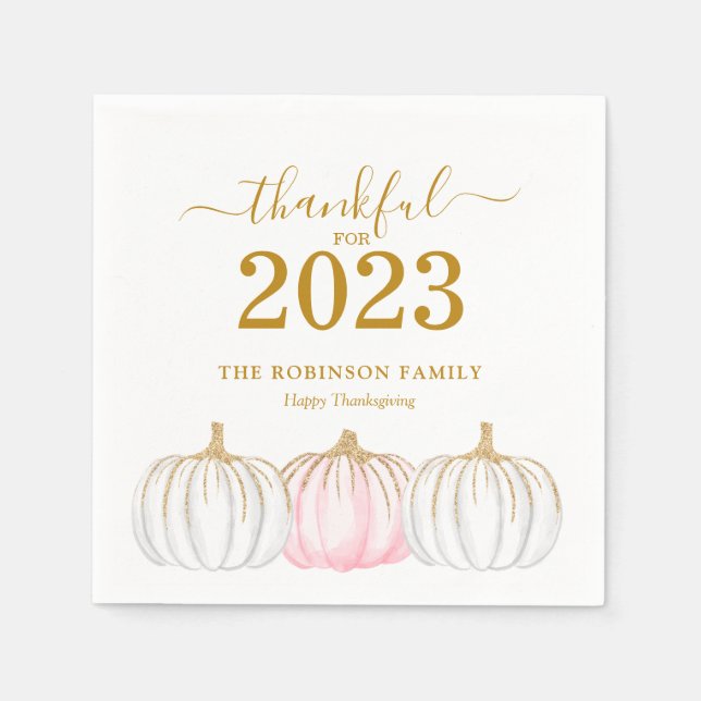 Thanksgiving Pumpkin Gold Script Personalised Napkin (Front)