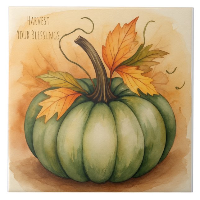 Thanksgiving, Pumpkin, Harvest You Blessings  Ceramic Tile (Front)