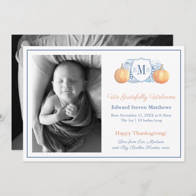 Thanksgiving Pumpkin Monogram Grateful Baby Birth  Announcement (Front/Back)