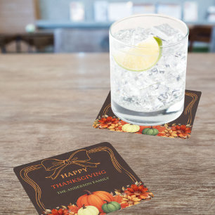Thanksgiving pumpkin orange bow hand-drawn bistre square paper coaster