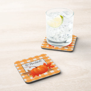 Thanksgiving Pumpkin Orange Buffalo Plaid Coaster