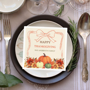 Thanksgiving pumpkin orange florals bow hand-drawn napkin