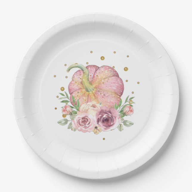 Thanksgiving Pumpkin Pink Gold Paper Plate (Front)