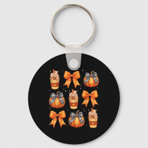 Thanksgiving Pumpkin Spice Plaid Coquette Bow Wome Key Ring