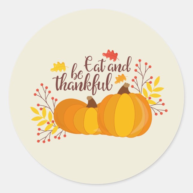 Thanksgiving pumpkin thankful word art  classic round sticker (Front)
