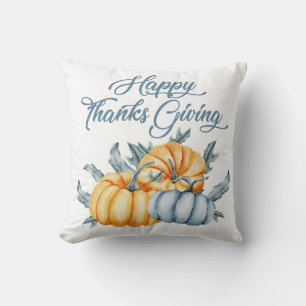 Thanksgiving pumpkin watercolor orange blue cushion