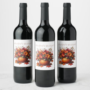 Thanksgiving-Pumpkin with Fall Leaves Wine Label