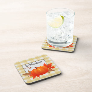 Thanksgiving Pumpkin Yellow Buffalo Plaid Coaster