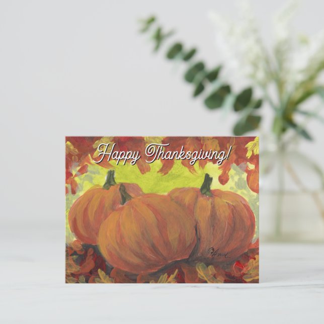 Thanksgiving Pumpkins #1 Fall Autumn Leaves Holiday Postcard (Standing Front)