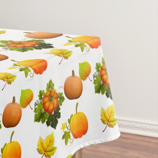 Thanksgiving Pumpkins and Fall Leaves on White Tablecloth (In Situ)