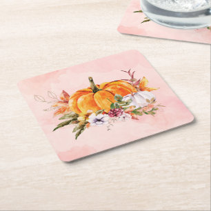Thanksgiving Pumpkins And Flowers Square Paper Coa Coaster