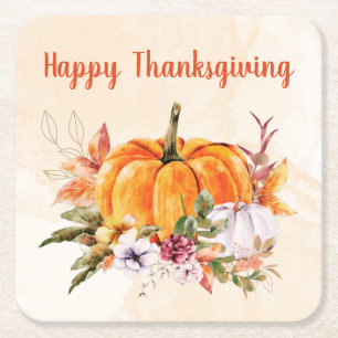 Thanksgiving Pumpkins And Flowers With Text Square Paper Coaster