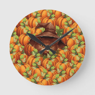 THANKSGIVING PUMPKINS CUTE CAT ROUND CLOCK