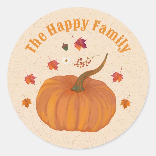 Thanksgiving pumpkins fall foliage personalise classic round sticker (Front)