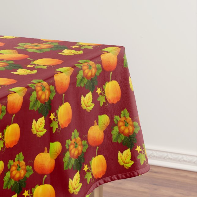 Thanksgiving Pumpkins & Fall Leaves on Maroon Tablecloth (In Situ)