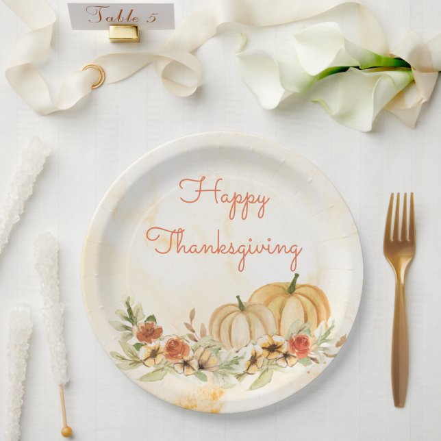 Thanksgiving Pumpkins Floral Watercolor Script Paper Plate (Wedding)