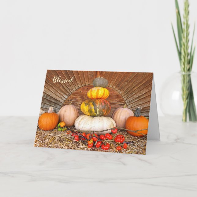 Thanksgiving pumpkins on hay bale card (Front)
