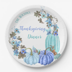 Thanksgiving Pumpkins Teal Turquoise Blue Paper Plate