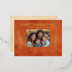 Thanksgiving Pumpkins Wheat Family Photo Foil Holiday Postcard