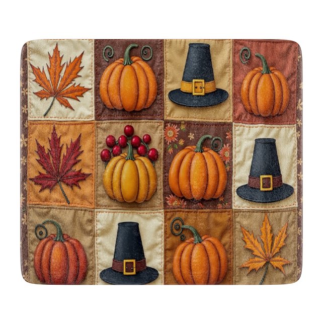 Thanksgiving Quilt Glass Cutting Board (Front)