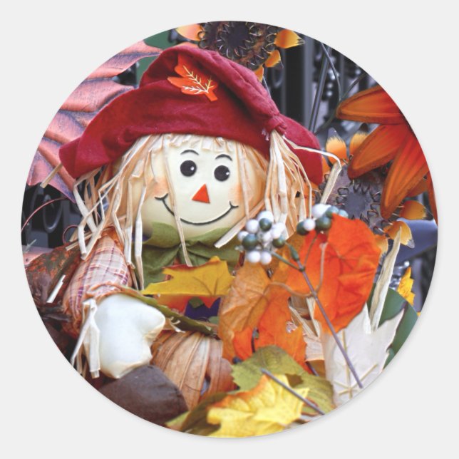 Thanksgiving Rag Doll Amongst Autumn Harvest Scene Classic Round Sticker (Front)