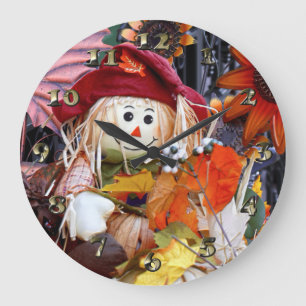 Thanksgiving Rag Doll Amongst Autumn Harvest Scene Large Clock