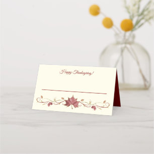 Thanksgiving Red Maple Leaves & Swirls Place Card