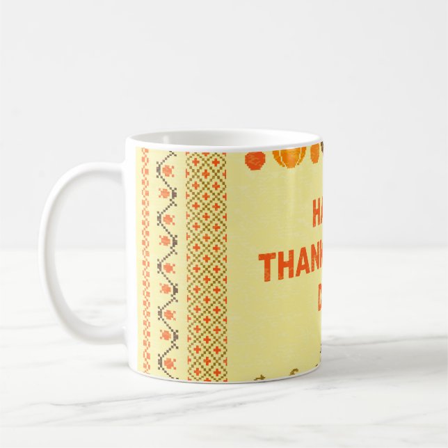 Thanksgiving: retro embroidered card design. coffee mug (Left)