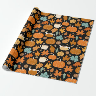 Thanksgiving retro style pumpkins maple leaves wrapping paper