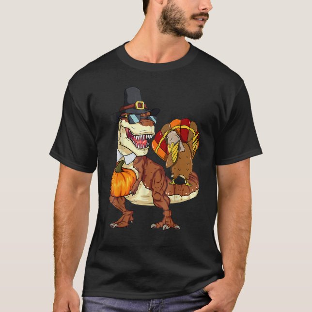 Thanksgiving Rex Dinosaur Dabbing Turkey Pumpkin T-Shirt (Front)