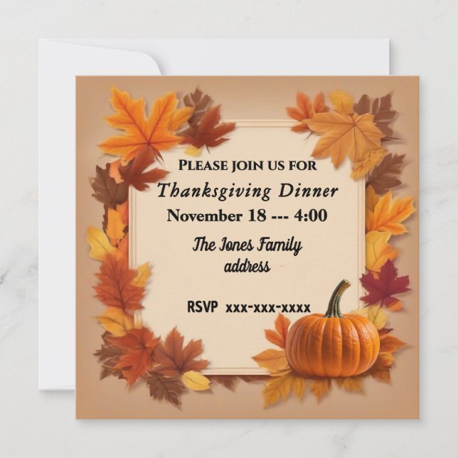 Thanksgiving Rustic Dinner with Pumpkin and Leaves Save The Date (Front)