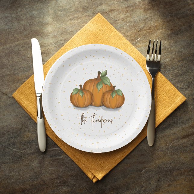 Thanksgiving Rustic Pumpkin Personalised Paper Plate (Autumn pumpkin custom paper plates.)
