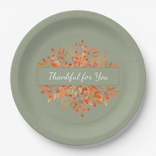 Thanksgiving Sage Green Fall Foliage Paper Plate