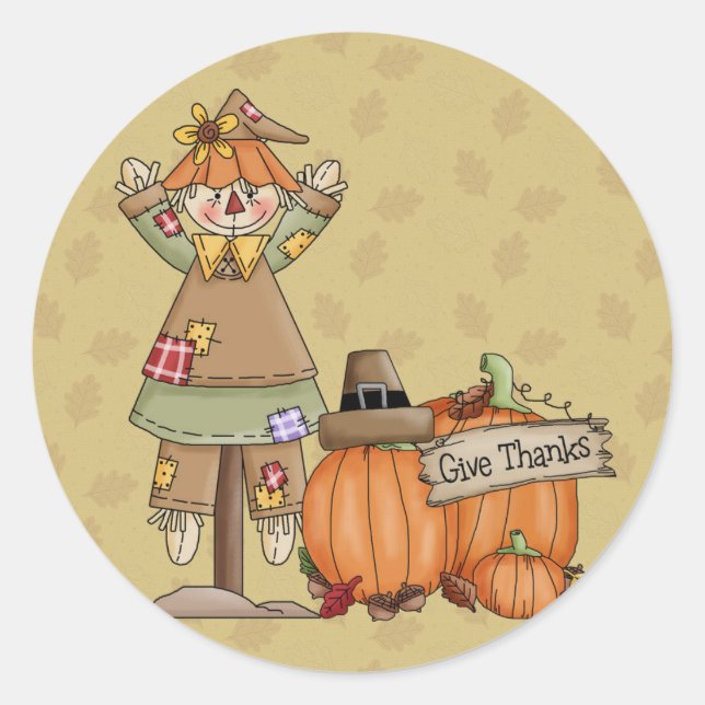 Thanksgiving Scarecrow, Pumpkins Classic Round Sticker (Front)