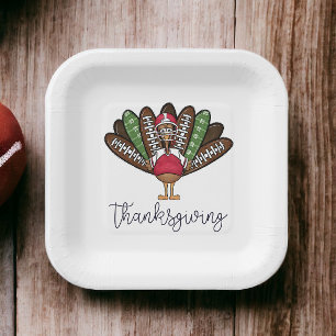 Thanksgiving Script Turkey Football Feathers Paper Plate