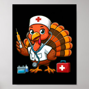 Thanksgiving Scrub Tops Women Girls Turkey Nurse F Poster